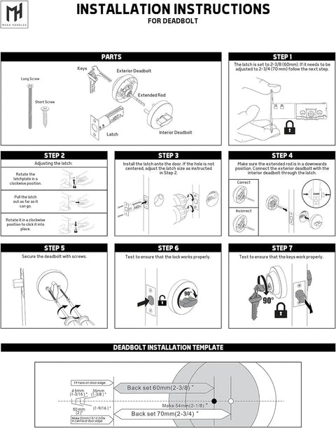 Installation instructions for Heavy Duty Square Deadbolt Lock For Left Or Right Handed Doors In Brushed Nickel Finish Secure Durable Bolt With Adjustable Latch Screws Included For Interior Or Exterior Use Built To Stand Up To The Elements And Daily Wear Easy To Install With Included