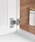 60 Pack 1/2 Inch Overlay Soft Close Concealed Hinges For Face Frame Kitchen Cabinets attached to cabinet door in satin nickel finish.