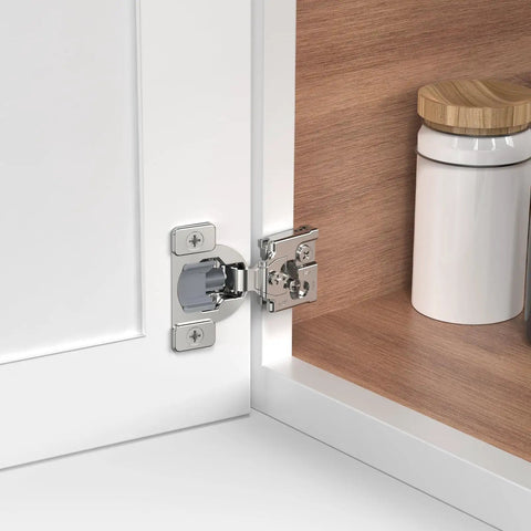 60 Pack 1/2 Inch Overlay Soft Close Concealed Hinges For Face Frame Kitchen Cabinets attached to cabinet door in satin nickel finish.