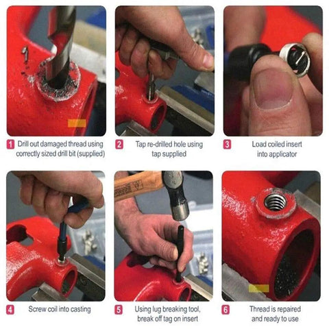 Gearhead Grade 25 Piece M8 x 1.0mm Thread Repair Kit Insertion Set steps detailing red handle hand tool usage for car thread fixing