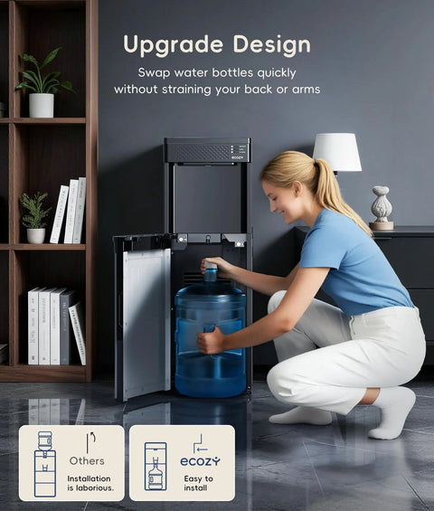 Woman loading 5 gallon bottle into 4 In 1 Water Dispenser With Ice Maker, Hot And Cold Water Cooler, Bottom Loading, Eco Mode.