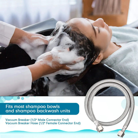 Shampoo Bowl Vacuum Breaker Kit For Salon Sinks 7 Piece Stainless Steel And Chromium Plated Brass Hardware Set With Receiver Plate And Pipe 31 Inch Replacement Parts For Easy Sink Upgrade. Woman having hair washed in salon sink