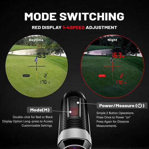 Pro Z1 Slope Golf Rangefinder With 1300 Yard Range 7X Magnification Tournament Legal Weather Resistant Flag Pole Locking Pulse Sensor showing mode switching for day and night use with distance display.