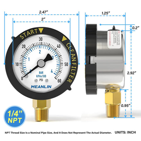 Start and Clean Filter Pressure Gauge 0-60 Psi, 2 Inch Dial, One Quarter Inch NPT, Stainless Steel, Lower Mount With Rotatable Plastic Frame