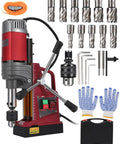 Beefy Magnetic Drill Press With 1.57 Inch Capacity, 1450W Motor, 13000N Magnetic Base, 0-820 RPM Adjustable Speed, Includes 6 Piece Hole Saw Kit
