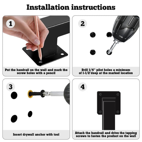 Installation instructions for Heavy Duty Wall Mounted Handrail For Indoor Stairs Featuring An Extra Long Eleven Foot Black Steel Rail.