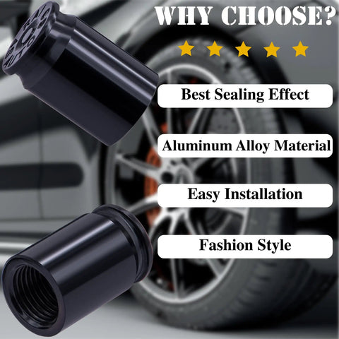 Bullet Shell Tire Valve Stem Caps Set In Aluminum Alloy with car background, showcasing black lightweight corrosion resistant design