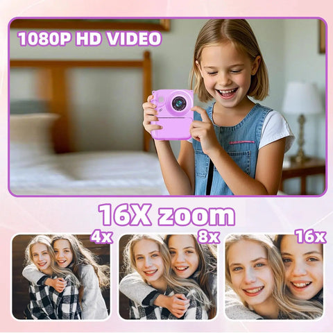 Kid Friendly Instant Print Camera With 1080P Video, Colorful Digital Photos And Black And White Ink Free Thermal Prints, Includes Three Print Rolls, Simple One Button Camera For Little Photographers, Portable Snap And Print Fun pink camera held by child