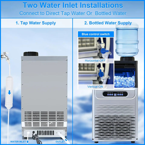 Commercial Ice Maker 100 Lbs Per Day Under Counter Or Freestanding 22 Lbs Ice Storage Dual Water Inlet Modes diagram.