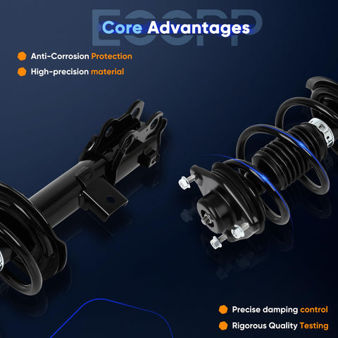 Drop In Ready Direct Replacement Complete Strut Assembly Front Left And Right For Hyundai Sonata 2012 2013 2014 And Kia Optima 2012 2013 2014 2015 Preassembled With Coil Spring Bearing Mount Bumper Boot Isolator showcasing anti-corrosion features and precision materials.