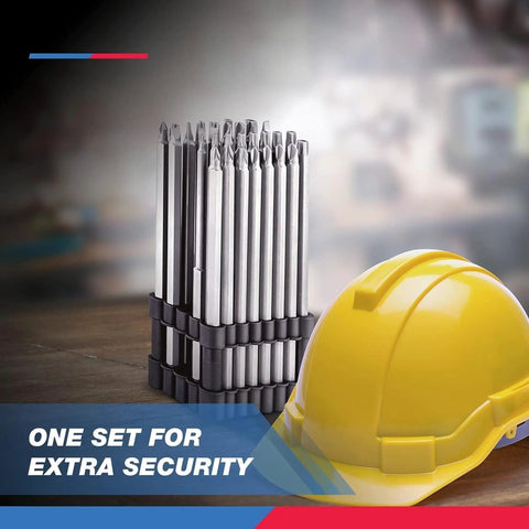 Heavy Duty 32-Piece S2 Steel Tamper-Proof Bit Set with 6 Inch Screwdriver displayed near a yellow hard hat