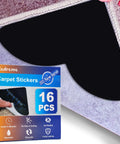 16 Pack Rug Corner Grippers For Hardwood Floors Keep Rugs From Sliding Down, Non Slip Under Rug Tape shown in packaging
