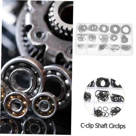 Close-up of 175 Piece Steel Snap Ring Kit C Type Retaining Ring Clips Set for Shafts and Bearings with case