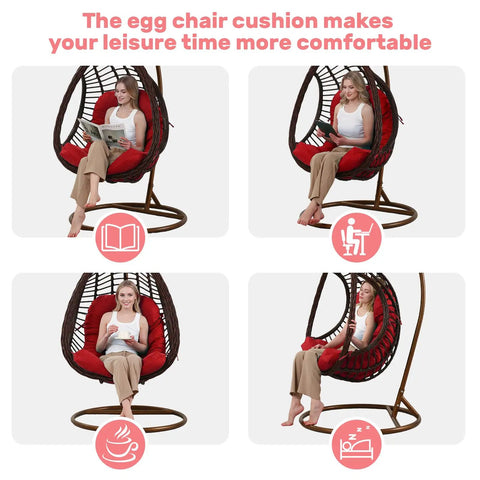 Egg Chair Cushion Replacement For Hanging Chairs Outdoor Waterproof Cover Cushioned Wicker Hammock Swing Pad For Patio Thick Plush Comfort With High Elastic Filling And Breathable Shredded Foam Red in use with woman seated.