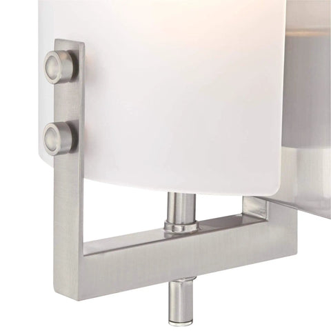 Close-up of Enzo James One Light Indoor Wall Sconce in Brushed Nickel with Frosted Glass Panel, modern design mount detail.