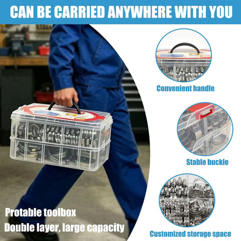 Man carrying Heavy Duty 225 Piece Hose Clamp Kit 304 Stainless Steel Adjustable 1/4 Inch To 3-3/4 Inch Worm Gear Clamps storage box.
