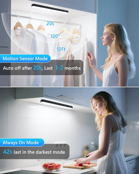 Woman using Go-To Rechargeable Under Cabinet Lights With Battery Level Display 60 LED Motion Sensor in closet and kitchen