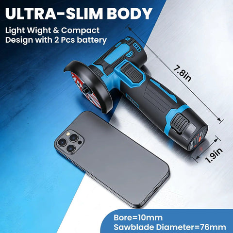 Cordless Angle Grinder Kit With Dual 12V Batteries 550W Power 19500 RPM mini electric cutter next to smartphone for scale
