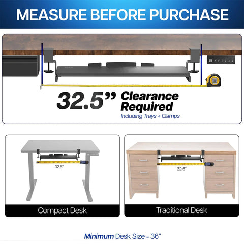 Large Under Desk Keyboard And Mouse Tray With Smooth Slider Rail System, Heavy Duty Quick Grip Clamp For Ergonomic Typing Comfort showing 32.5" clearance needed.