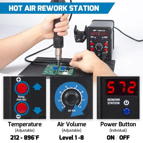 Person using 2 In 1 Hot Air Rework Soldering Station Kit With Desoldering Tool Lead Free Solder Wire Five Soldering Tips