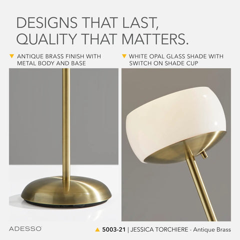 Close-up of Antique Brass Torchiere Floor Lamp With White Opal Glass Shade, metal base and opal shade detail, focus on material and design.