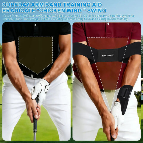 Golf Wrist Brace And Arm Band Training Kit Two In One Pro Swing Trainer shown enhancing grip and elbow position during a swing.