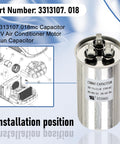 RV Air Conditioner Run Capacitor 50/5uF 370VAC Replacement for 13500 BTU A/C Units, shown with installation diagram, Model 3313107.018.
