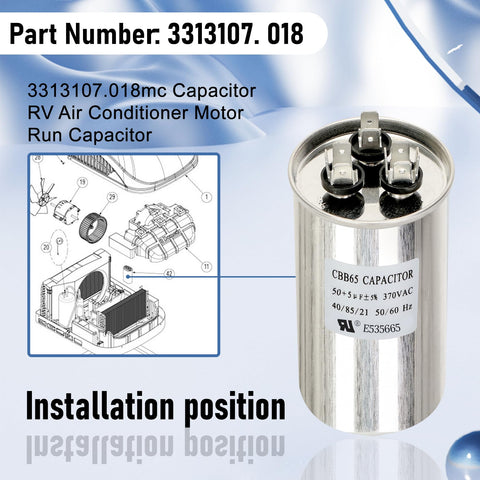 RV Air Conditioner Run Capacitor 50/5uF 370VAC Replacement for 13500 BTU A/C Units, shown with installation diagram, Model 3313107.018.