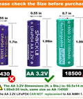Chart comparing dimensions of 4 Pack AA 3.2V LiFePo4 650mAh Solar Rechargeable Batteries with other battery sizes.