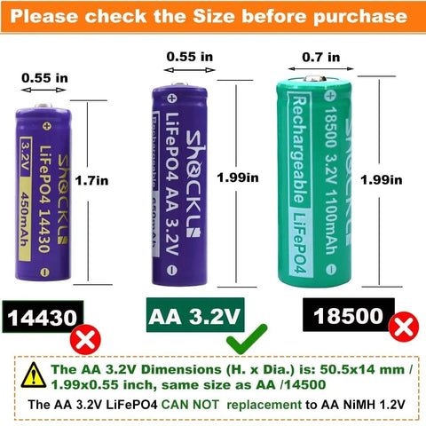 Chart comparing dimensions of 4 Pack AA 3.2V LiFePo4 650mAh Solar Rechargeable Batteries with other battery sizes.
