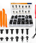 GOOACC 240-piece bumper retainer clip kit with 12 sizes; black plastic rivets in a box, plus orange trim removal tools.
