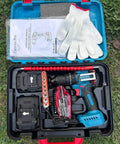 Heavy Duty Cordless Drill Driver With Ten Speed Torque Settings And Included Battery For Zero Cord Hassles Smooth Operation in kit with manual, gloves and accessories.
