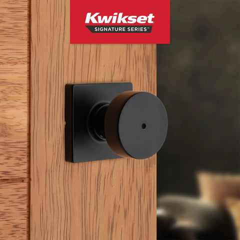 Interior Privacy Door Knob With Lock For Bedroom And Bathroom, Matte Black Doorknob with square design on wooden door