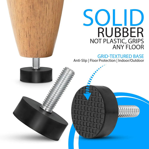 Close-up of a solid rubber leveling foot with grid-textured base, part of the 12 Pack Rubber M6 Leveling Feet For Furniture With Adjustable Threading And Secure Inserts Perfect Fit For Ikea Tables Plug And Play Setup Top Shelf Stability Fix For Wobbly Shelves.