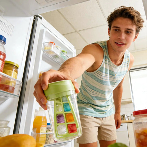 No Sweat Deep Chamber Ice Molds With Spin Top Silicone Lid crafting ice cubes in a man's hand inside a refrigerator.