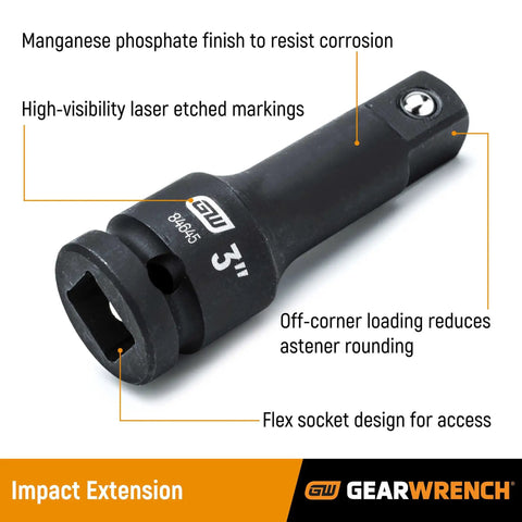 3/8 Inch Drive Impact Extension Set With 3, 6, 10 And 15 Inch Lengths, Detent Pin Retention, Manganese Phosphate Finish