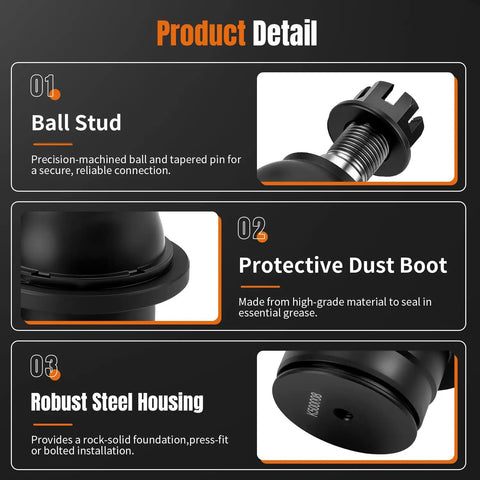 Front Lower Ball Joint Kit Two-Piece Beefed-Up For Ford F-150 2009-2014, Expedition 2007-2017, Lincoln Navigator 2007-2017 Premium Forged Steel Suspension Ball Joints Built Tough For Smooth Handling And Lasting Ride. ball stud, dust boot, steel housing close-up