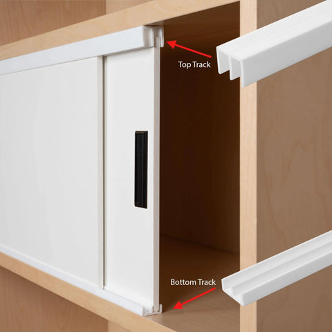 1/4 Inch Panel Sliding Door Track Kit With 48 Inch White Plastic Upper And Lower Tracks Pack Of 2 USA Made All Inclusive System installed on wood cabinet