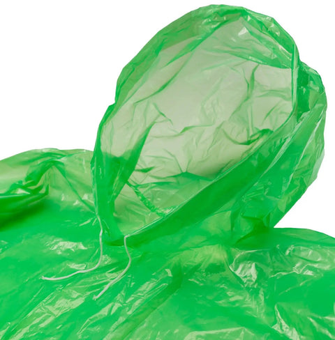 Close-up of a green poncho with a hood and drawstrings from the Extra Thick Family Rain Ponchos 8 Pack For Men Women Teens And Kids