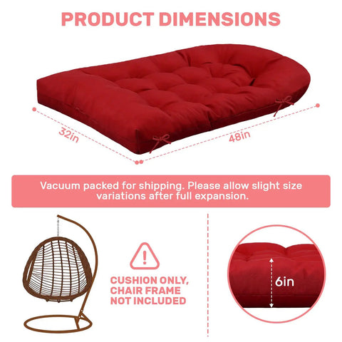 Egg Chair Cushion Replacement For Hanging Chairs Outdoor Waterproof Cover, 48x32 inches, red, with wicker hammock swing illustration.