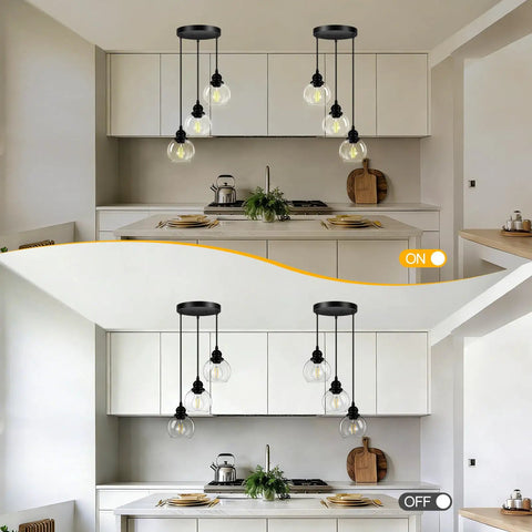 Kitchen view displaying Three Light Pendant Light With Clear Glass Shades, Matte Black Finish, Adjustable Height Industrial Retro Ceiling Hanging Lamp For Your Kitchen Island And Bedroom, E26 Base Compatible, Bulb Not Included, No Fuss in illuminated and non-illuminated state.