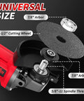 4-1/2 Inch Cordless Angle Grinder With Brushless Motor and 4-1/2 inch cutting wheel, visible 7/8" arbor and red housing