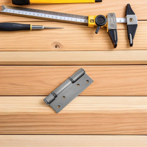 Self-Closing Hydraulic Door Hinges For Wood Doors With 90 Degree Positioning And Hidden Design, Stainless steel hinge on wood surface