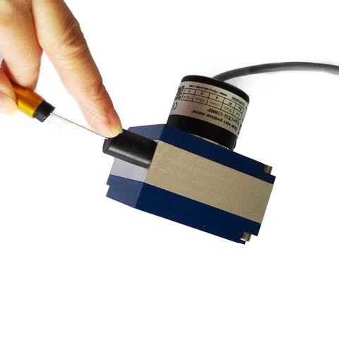 Person using One Meter Stroke Linear String Pot Encoder Sensor With 6 Digit Digital Counter Display Push Pull ABZ Three Signals 5 To 26V DC Pro Grade Industrial Linear Position Sensor.
