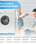 Washer Suspension Rods Kit For NTW4516FW3 NTW4516FW2 WTW4816FW2 WTW4800BQ1 with replaceable parts list next to a washing machine