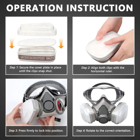 Operation instructions for 2 In 1 Half Face Respirator With Replaceable Filters For Painting, Welding And Woodworking.