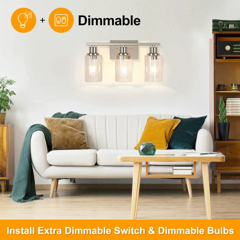 Three Light Brushed Nickel Bathroom Vanity Light Fixtures With Clear Glass Shades Sleek Modern Wall Sconce in living room