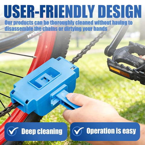 5 In 1 Do It All Bike Chain Cleaner And Emergency Repair Tool Kit with scrubber on bike chain showing user-friendly design