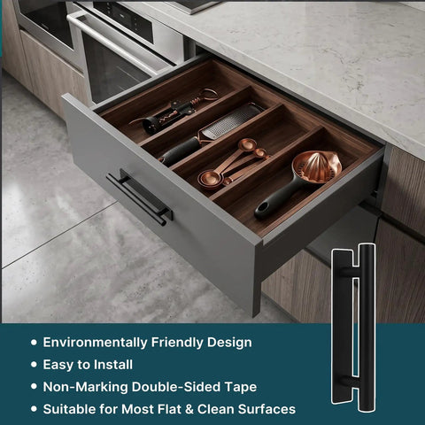 10 Piece Self Stick Cabinet Handles, Peel And Stick Push Pull Helpers, Adhesive Drawer Pulls For Kitchen Cabinets with utensils.