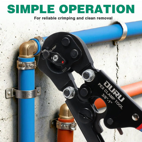 Two In One Ratchet PEX Crimping Tool Cinch And Remove Combo for PEX Pipe 3/8 to 1 inch with Cutter used on blue pipe